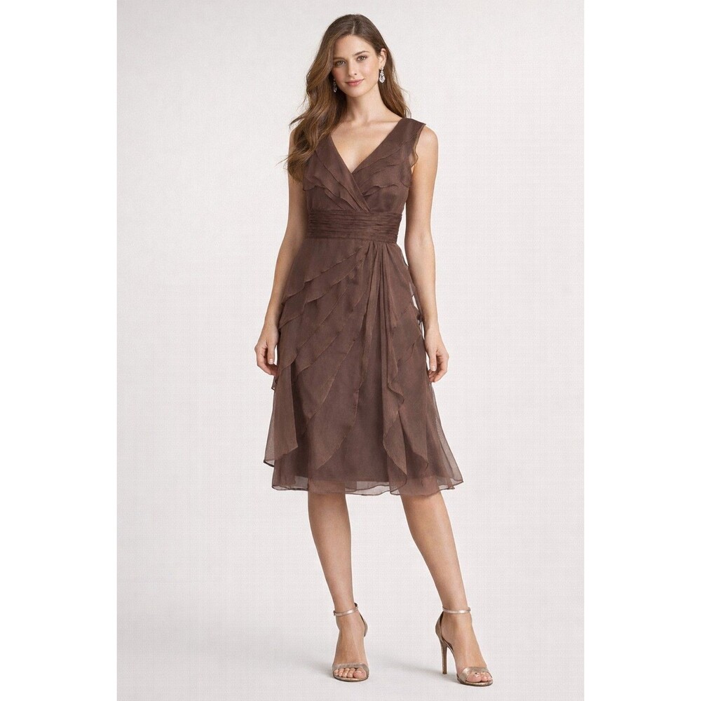 Adrianna Papell Women’s Size 12 Brown Ruffle Chiffon Cocktail Romantic  Dress